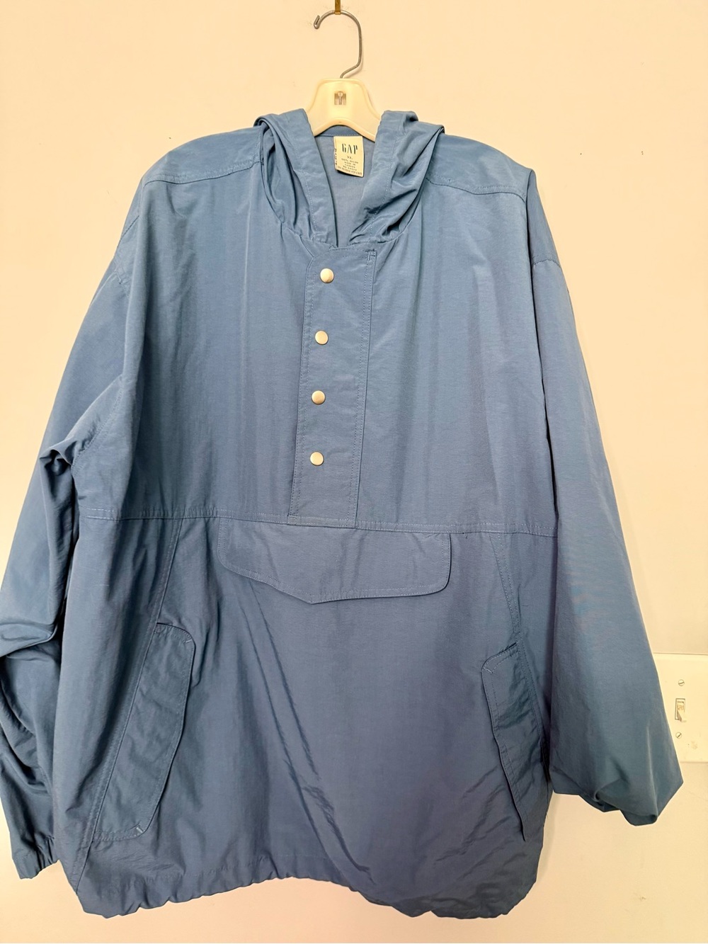 Vintage 90s Gap Anorak Jacket Blue Hooded Windbreaker XL Snap Kangaroo Pocket